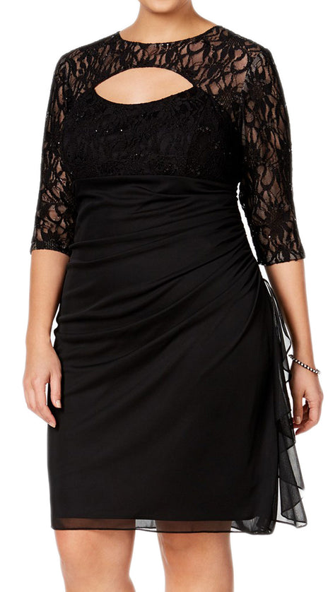 MACloth Half Sleeves Lace Chiffon Midi Cocktail Dress Black Mother of the Brides Dress