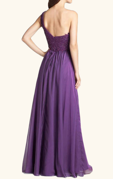 MACloth One Shoulder Lace Chiffon Long Prom Dress Purple Formal Evening Gown