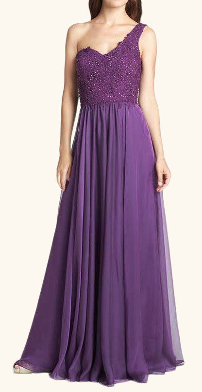 MACloth One Shoulder Lace Chiffon Long Prom Dress Purple Formal Evening Gown