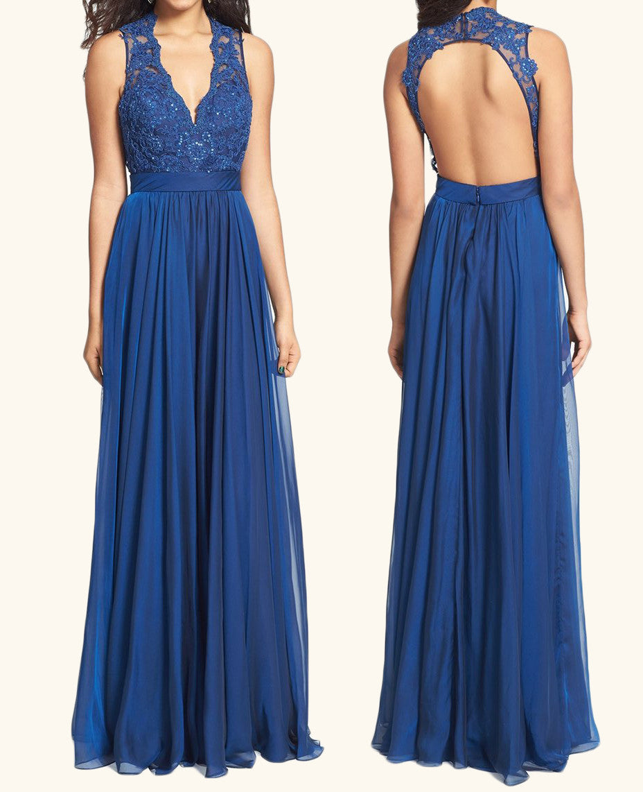 Vestido de fiesta largo de gasa con escote en V y tirantes MACloth, vestido formal azul real