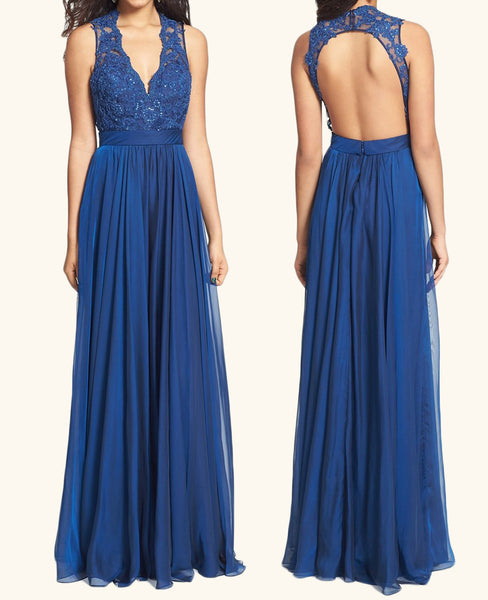 MACloth Straps V neck Lace Chiffon Long Prom Dress Royal Blue Formal Gown