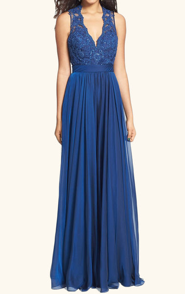 MACloth Straps V neck Lace Chiffon Long Prom Dress Royal Blue Formal Gown
