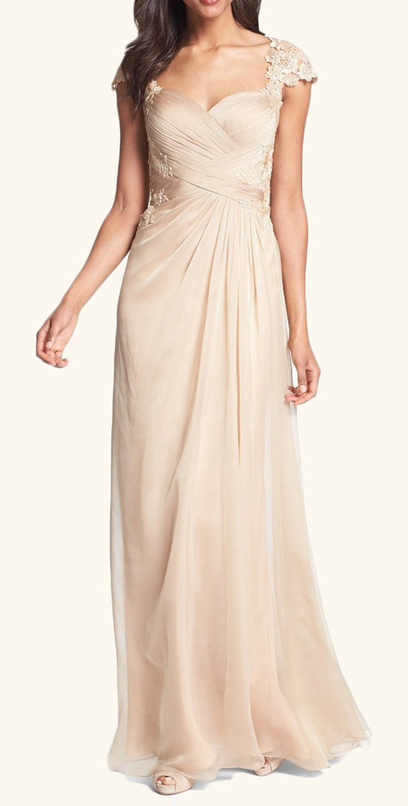 MACloth Cap Sleeves Lace Chiffon Long Mother of the Brides Dress Champagne Wedding Party Formal Gown