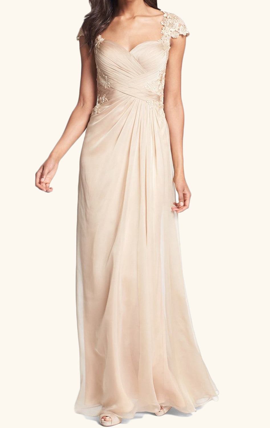 MACloth Cap Sleeves Lace Chiffon Long Mother of the Brides Dress Champagne Wedding Party Formal Gown