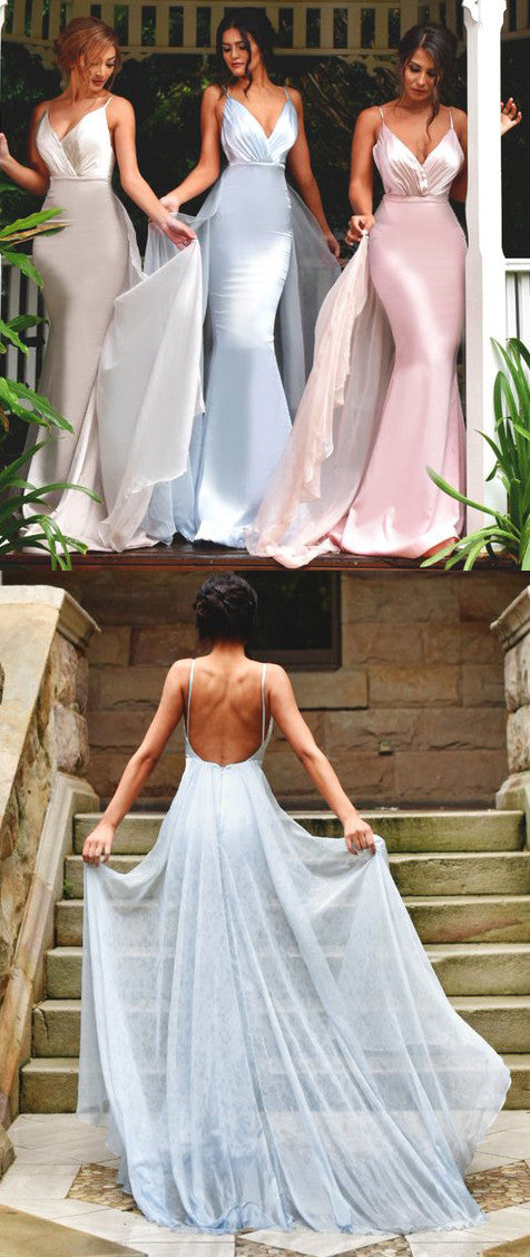 MACloth Mermaid V Neck Long Bridesmaid Dress Pink Prom Formal Gown