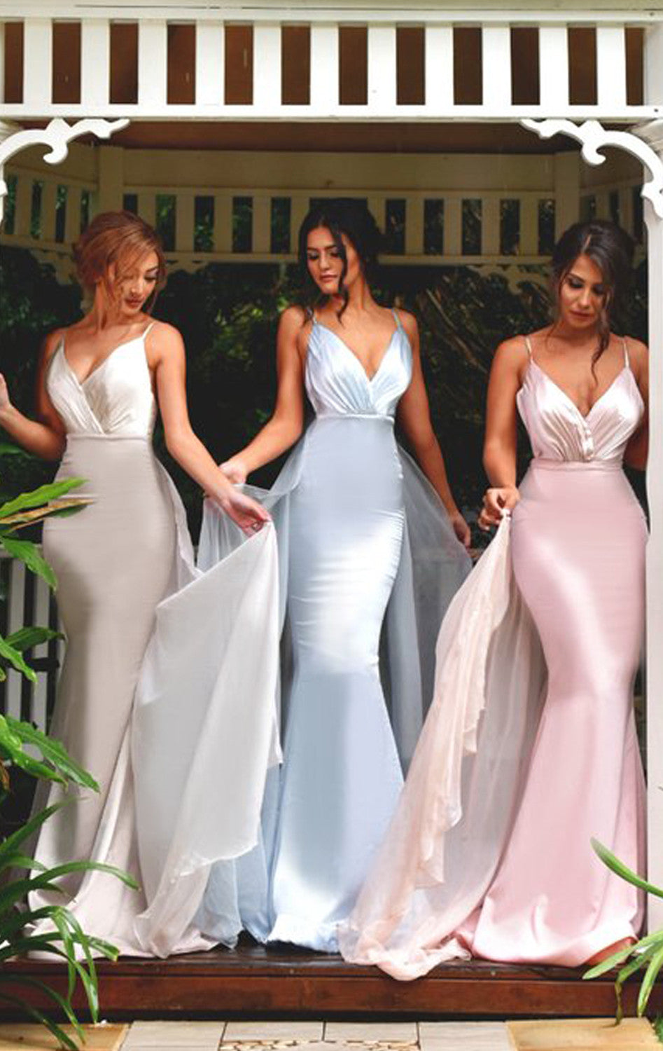 MACloth Mermaid V Neck Long Bridesmaid Dress Pink Prom Formal Gown