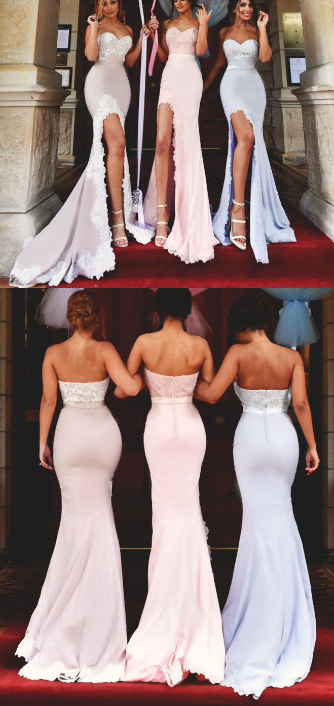 Vestido de dama de honor largo de sirena MACloth con abertura y sin tirantes, vestido de fiesta de jersey