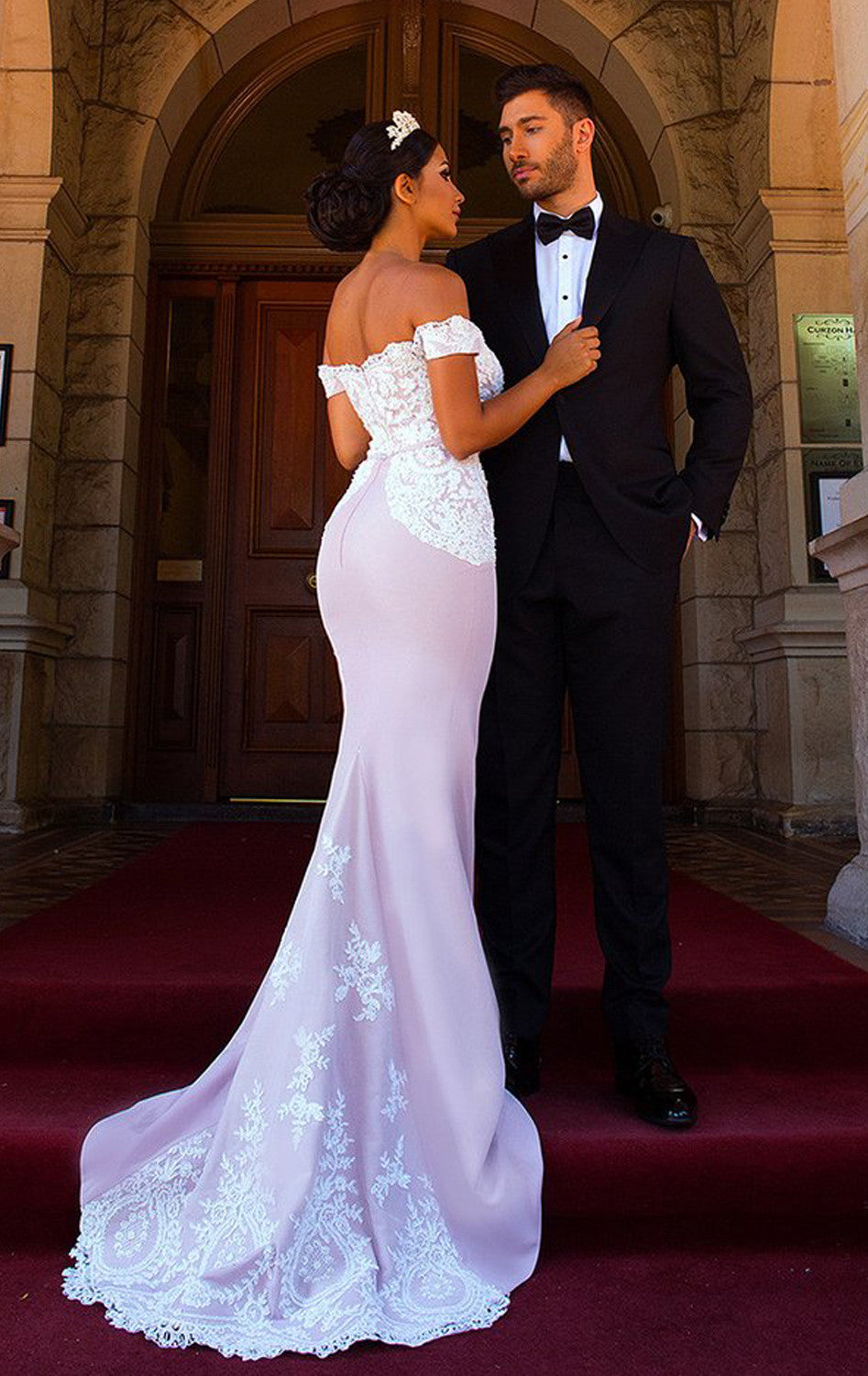 jersey gowns & formal dresses MACloth Off the Shoulder Long Bridesmaid Dress Lace Jersey Wedding Party Formal Gown Silver / Above Knee / US16