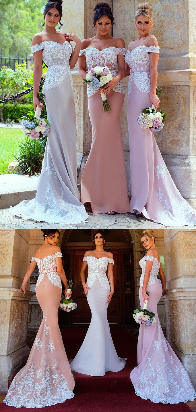 MACloth Off the Shoulder Long Bridesmaid Dress Lace Jersey Wedding Party Formal Gown