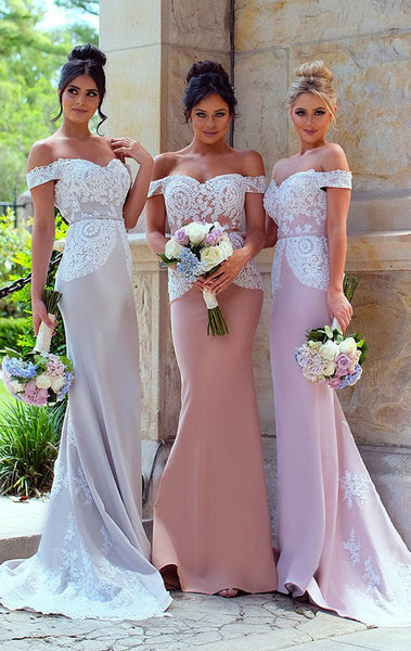 MACloth Off the Shoulder Long Bridesmaid Dress Lace Jersey Wedding Party Formal Gown