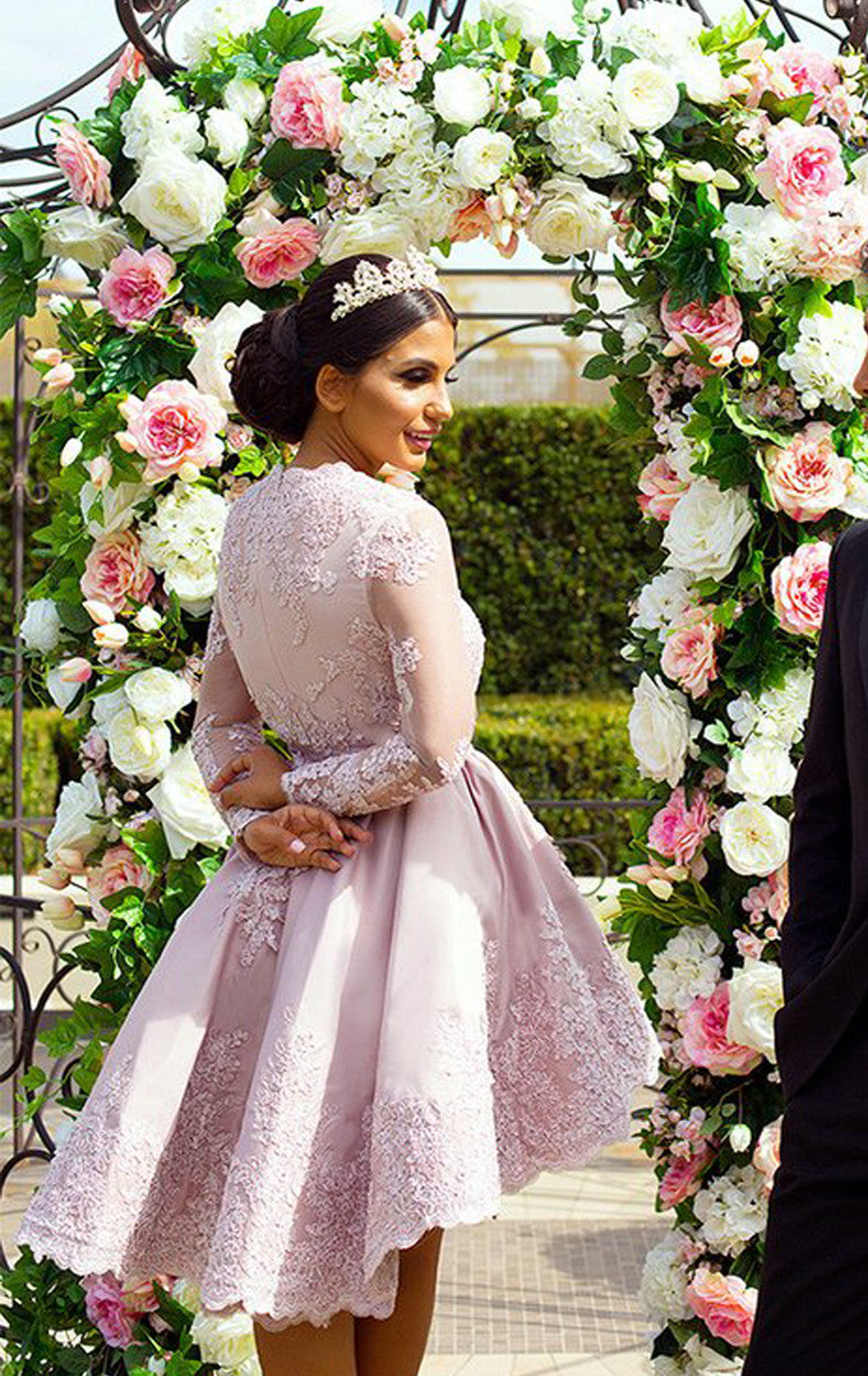 MACloth Cocktailkleid mit langen Ärmeln, V-Ausschnitt, Spitze, Satin, für Hochzeiten, Partys, formelle Anlässe