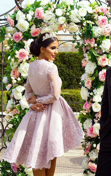 MACloth Long Sleeves V Neck Lace Cocktail Dress Satin Wedding Party Formal Gown