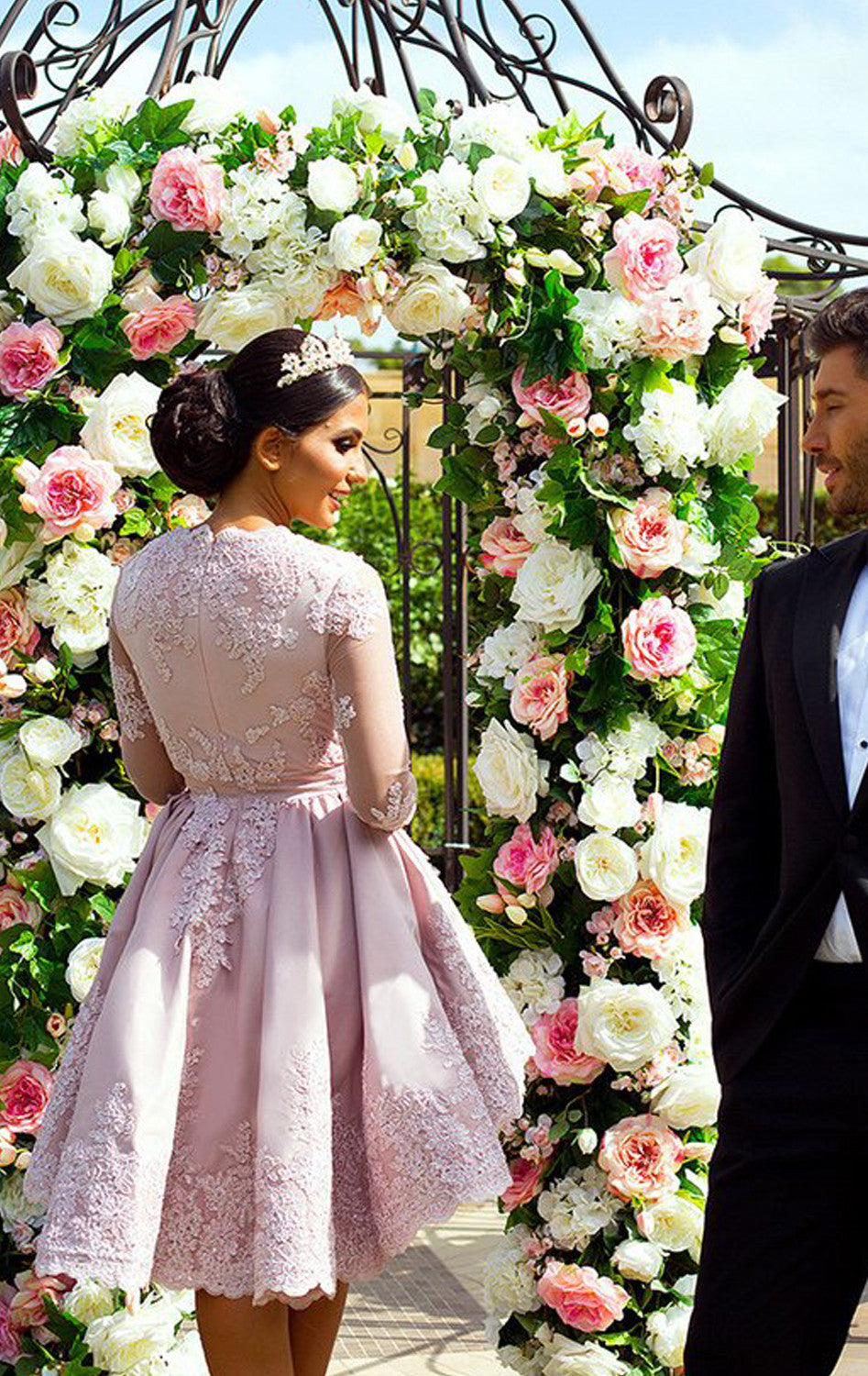 MACloth Cocktailkleid mit langen Ärmeln, V-Ausschnitt, Spitze, Satin, für Hochzeiten, Partys, formelle Anlässe