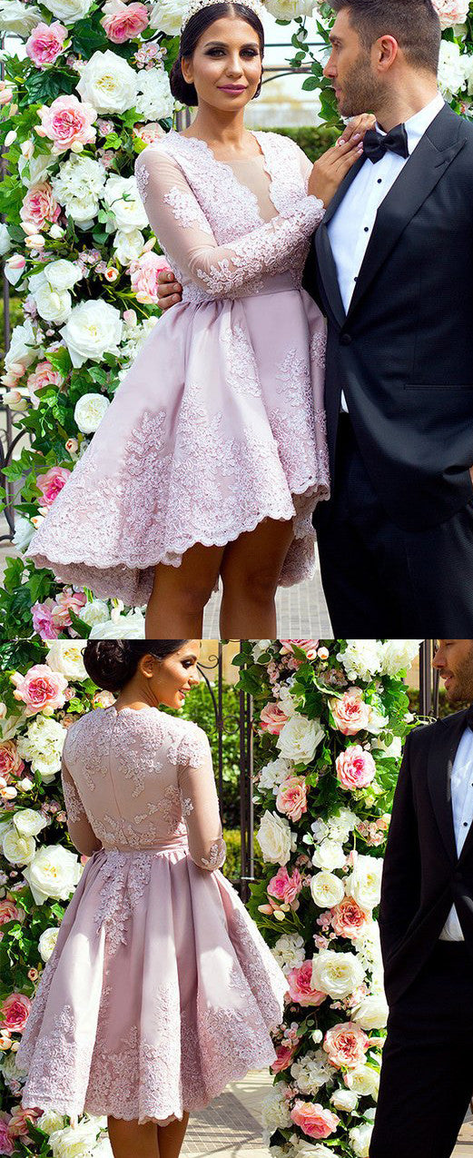 MACloth Cocktailkleid mit langen Ärmeln, V-Ausschnitt, Spitze, Satin, für Hochzeiten, Partys, formelle Anlässe