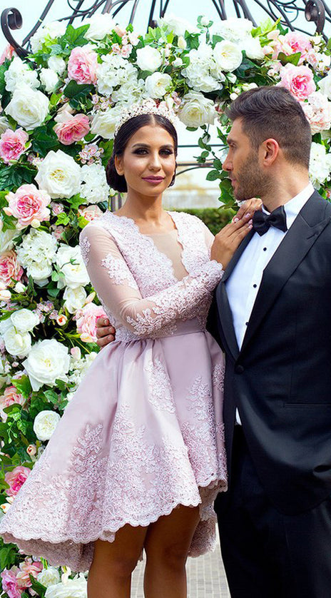 MACloth Long Sleeves V Neck Lace Cocktail Dress Satin Wedding Party Formal Gown