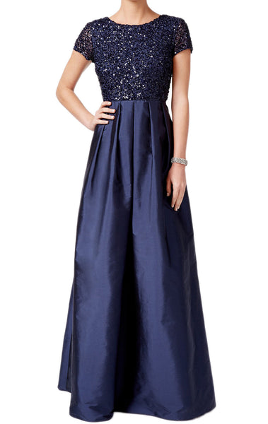 MACloth Cap Sleeves Sequin Taffeta Evening Gown Dark Navy Mother of the Brides Dress