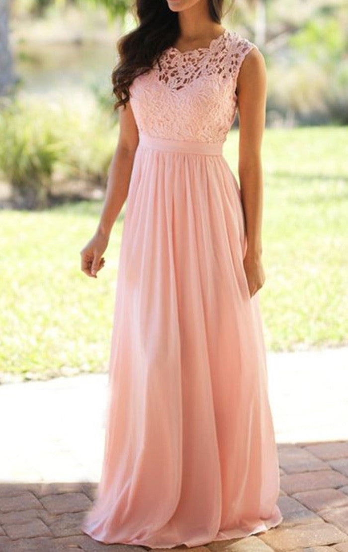 Vestido de dama de honor largo de gasa con encaje MACloth, elegante y sencillo, vestido de fiesta rosa