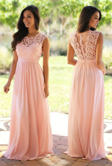 MACloth Lace Chiffon Long Bridesmaid Dress Elegant Simple Pink Prom Gown