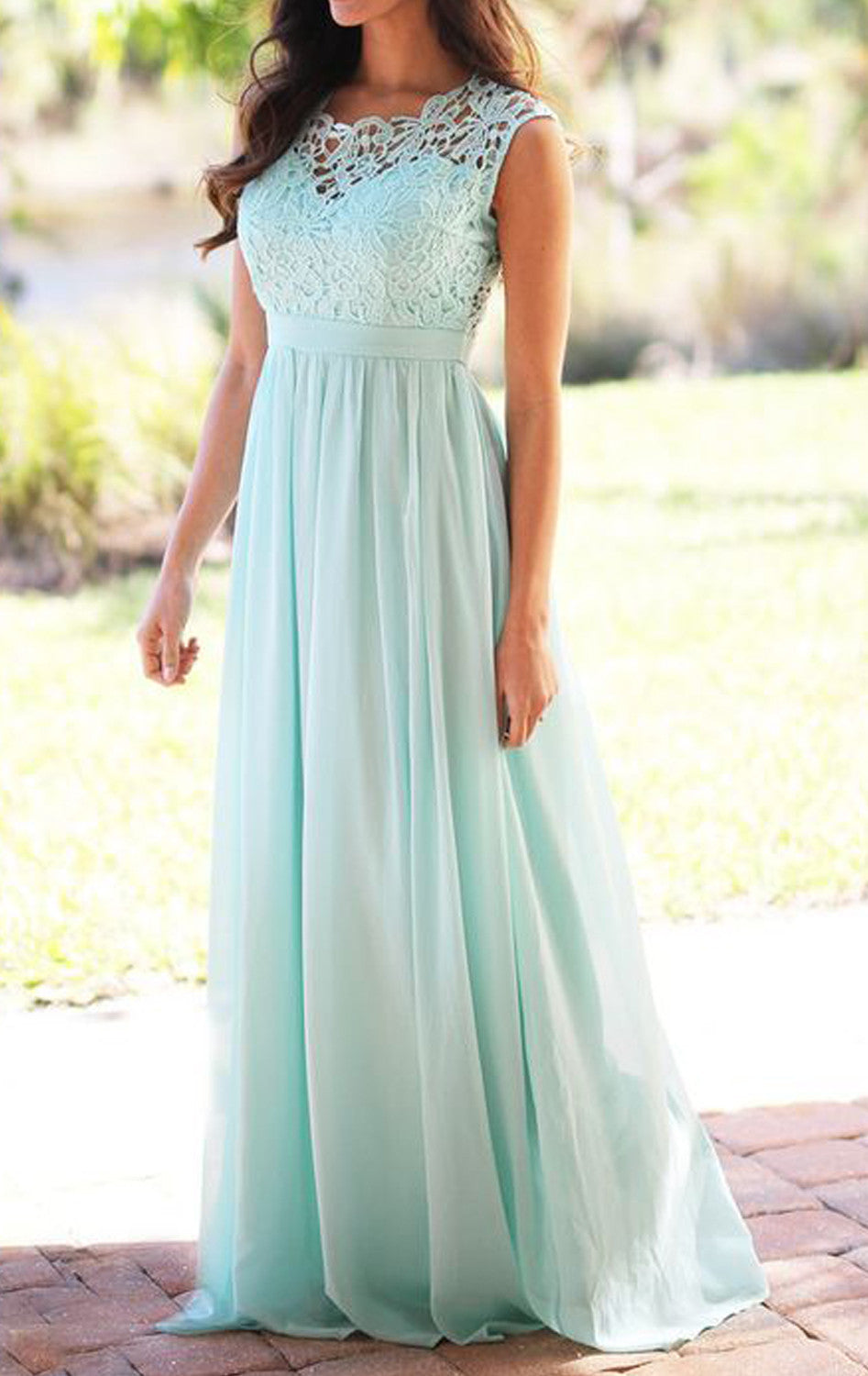 Vestido de dama de honor largo de gasa con encaje MACloth, elegante y sencillo, vestido de fiesta rosa