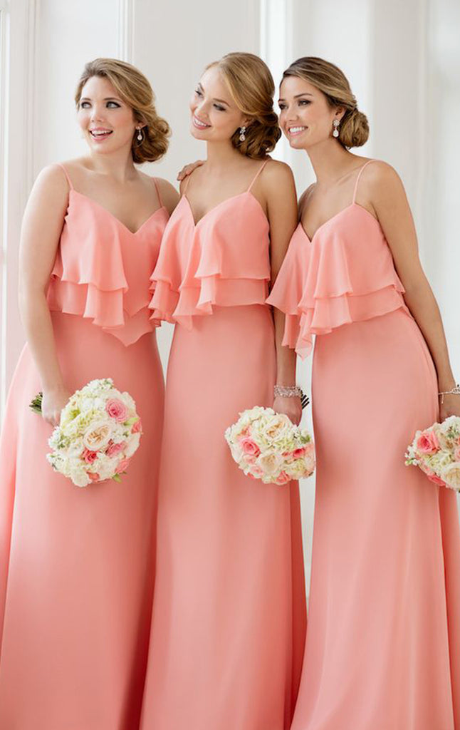 MACloth Straps V Neck Tiered Elegant Long Bridesmaid Dress Simple Chiffon Formal Gown