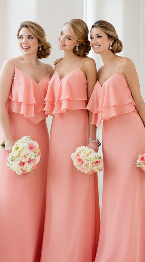 MACloth Straps V Neck Tiered Elegant Long Bridesmaid Dress Simple Chiffon Formal Gown