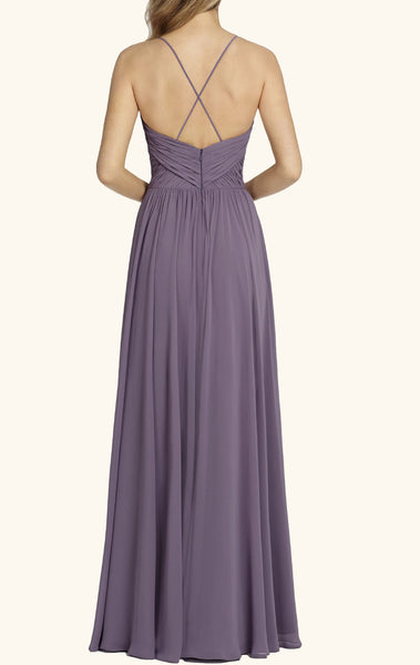 MACloth Spaghetti Straps V Neck Long Bridesmaid Dress Vintage Dusty Lavender Wedding Party Formal Gown