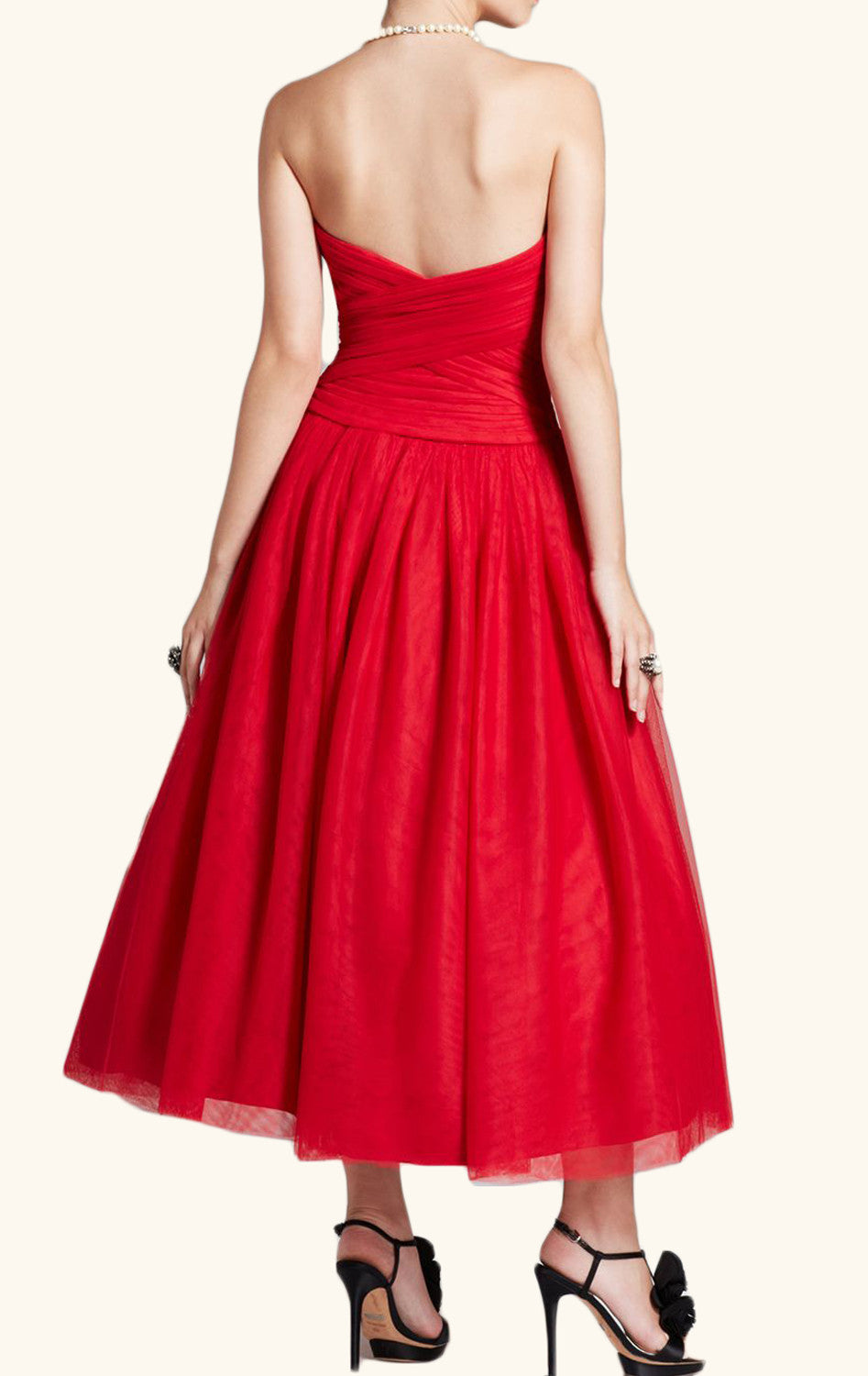 Vestido de cóctel rojo midi con escote en forma de corazón y sin tirantes de MACloth, vestido formal vintage de tul
