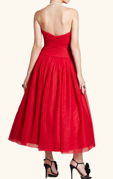 MACloth Strapless Sweetheart Midi Red Cocktail Dress Vintage Tulle Formal Gown