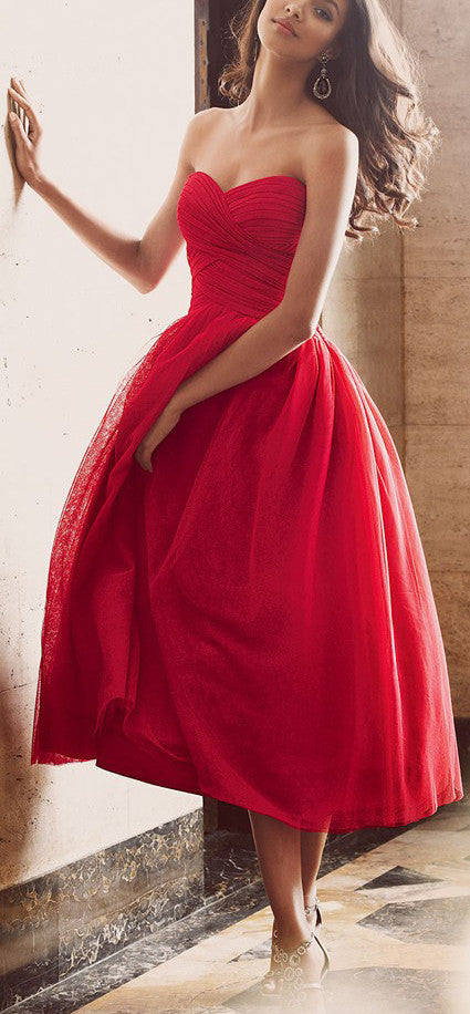 Vestido de cóctel rojo midi con escote en forma de corazón y sin tirantes de MACloth, vestido formal vintage de tul
