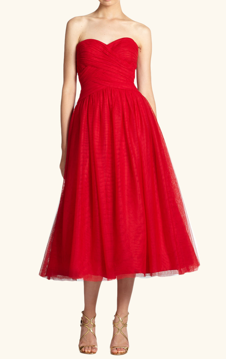 Vestido de cóctel rojo midi con escote en forma de corazón y sin tirantes de MACloth, vestido formal vintage de tul