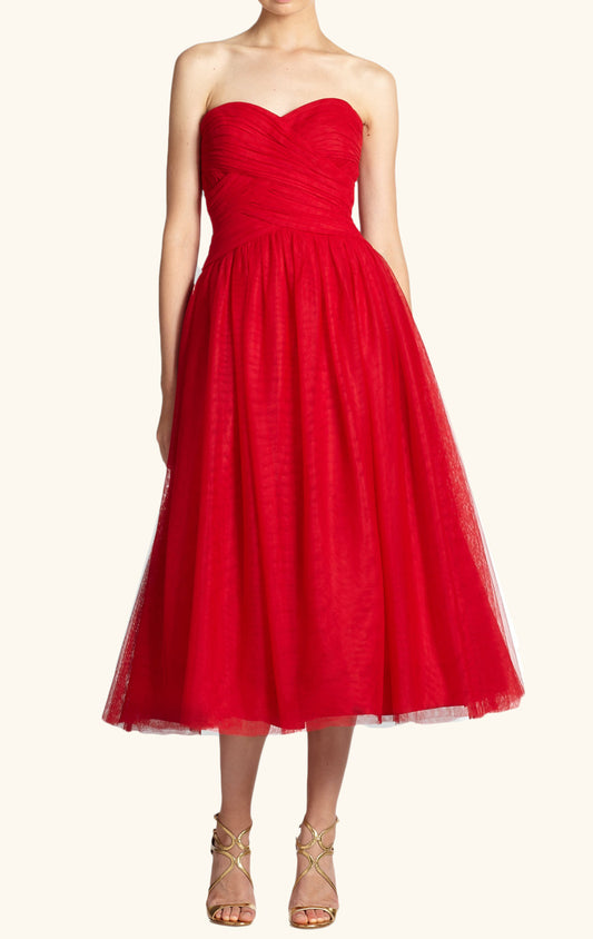 Vestido de cóctel rojo midi con escote en forma de corazón y sin tirantes de MACloth, vestido formal vintage de tul