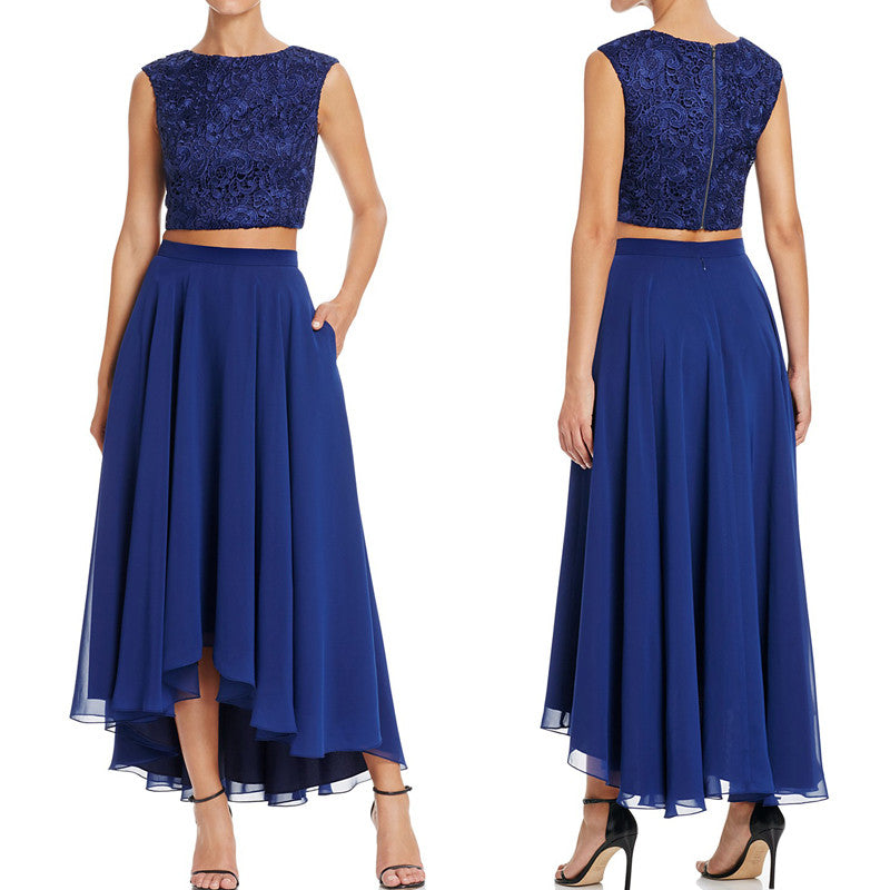 Vestido de cóctel de gasa con encaje de dos piezas de MACloth, largo hasta la rodilla, vestido de fiesta sencillo