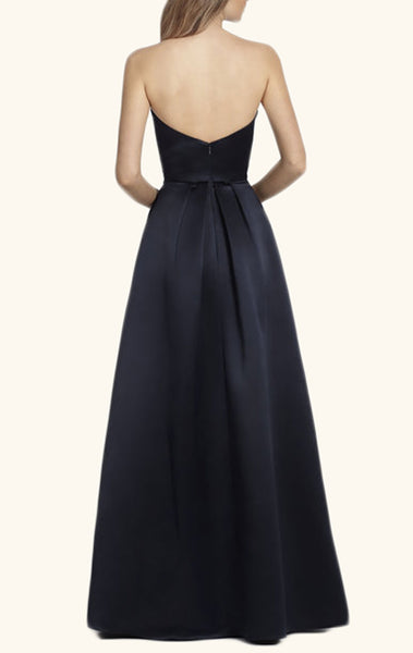MACloth Elegant Strapless Long Bridesmaid Dress Dark Navy Satin Wedding Party Formal Gown