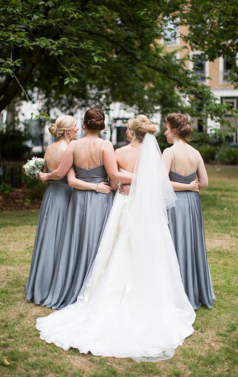 Vestido largo de gasa con encaje y cuello halter de MACloth para dama de honor, vestido formal vintage gris para fiesta de boda