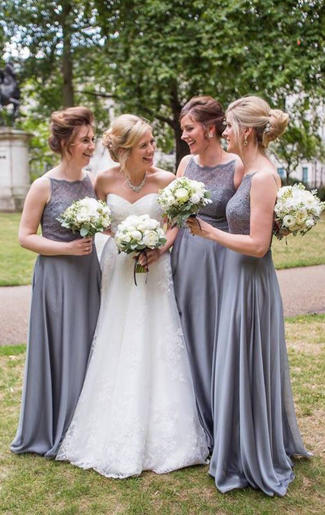 MACloth Halter Lace Chiffon Long Bridesmaid Dress Vintage Grey Wedding Party Formal Gown