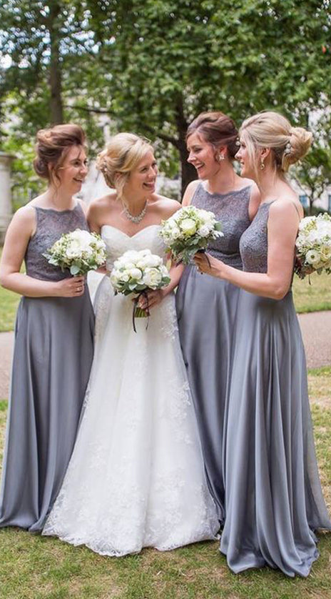 MACloth Halter Lace Chiffon Long Bridesmaid Dress Vintage Grey Wedding Party Formal Gown