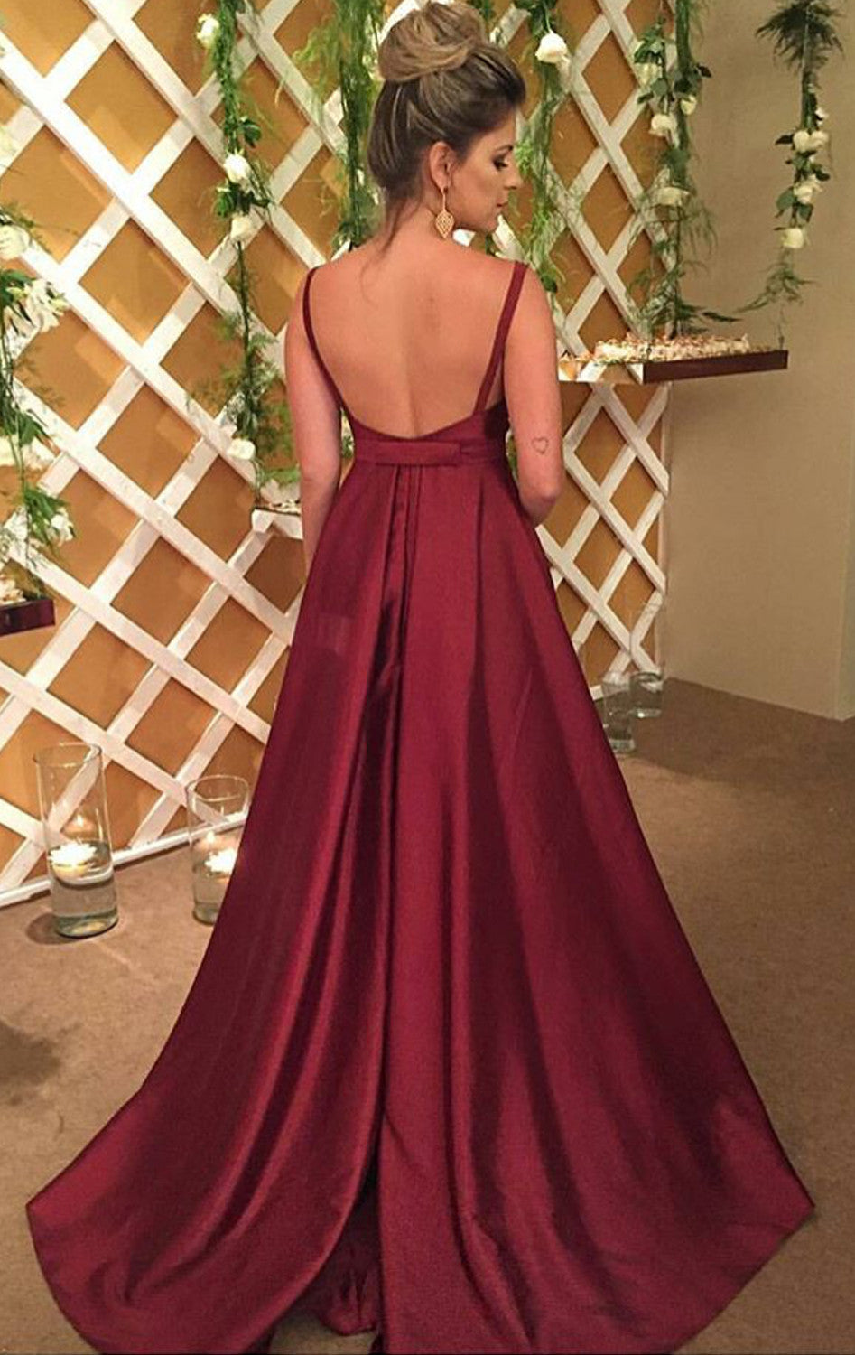 MACloth Straps V Neck Burgundy Prom Dress Elegant Wedding Party Formal Gown
