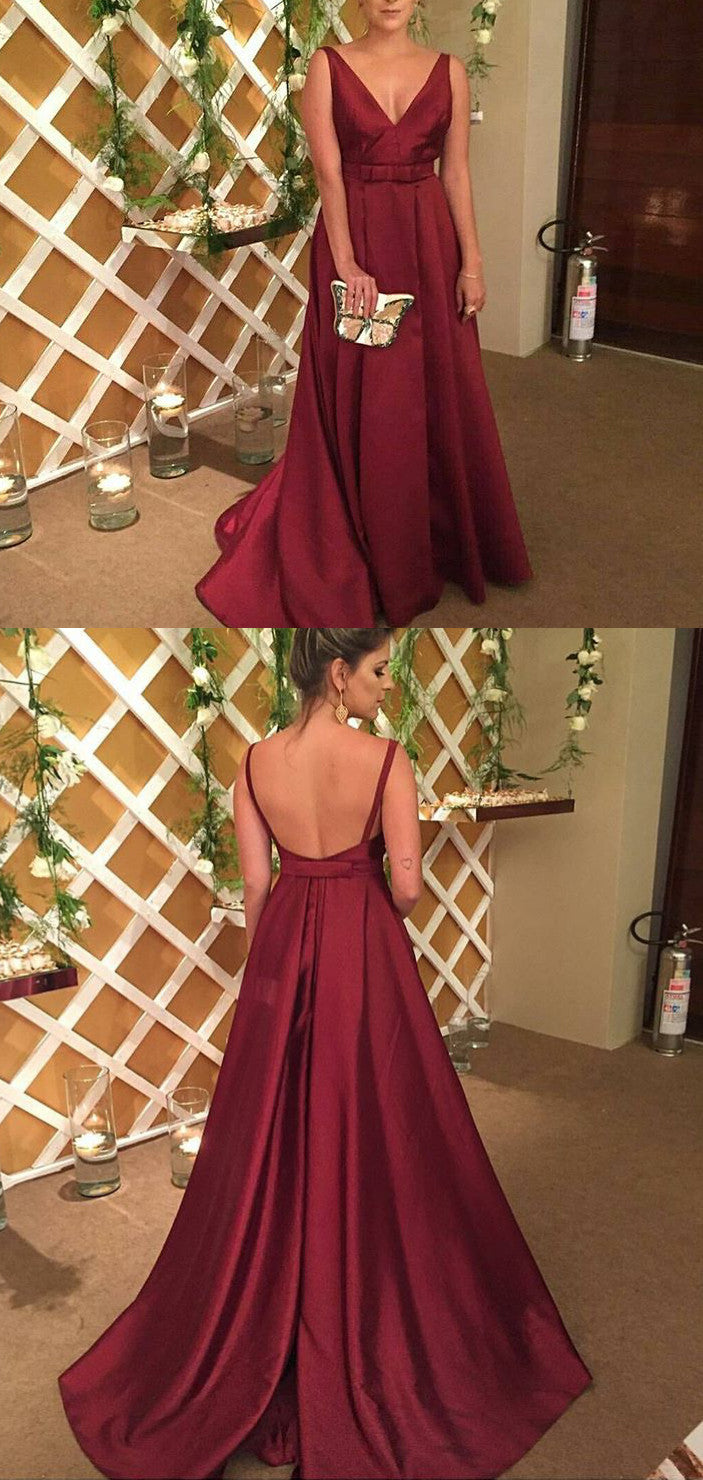 MACloth Straps V Neck Burgundy Prom Dress Elegant Wedding Party Formal Gown