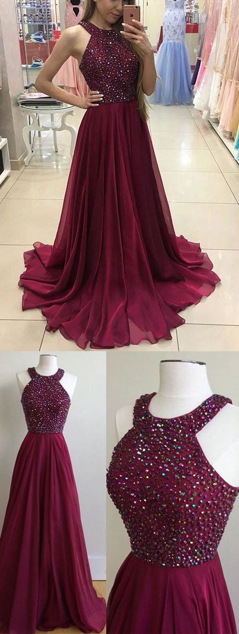 MACloth Neckholder Kristalle Chiffon Langes Ballkleid Elegantes Burgunderrotes Abendkleid