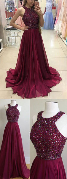 MACloth Halter Crystals Chiffon Long Prom Dress Elegant Burgundy Formal Gown