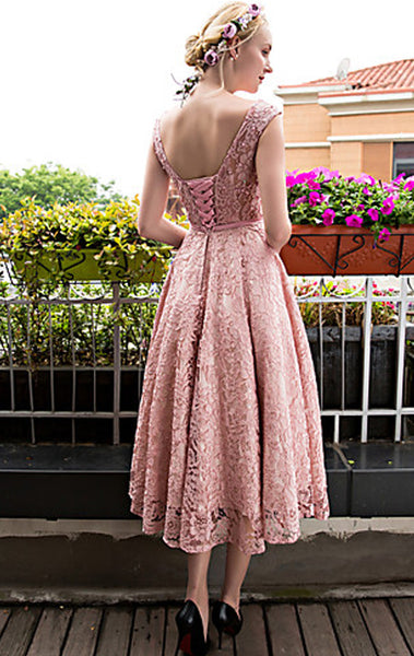 MACloth Cap Sleeves Lace Cocktail Dress Pink Midi Wedding Party Formal Gown