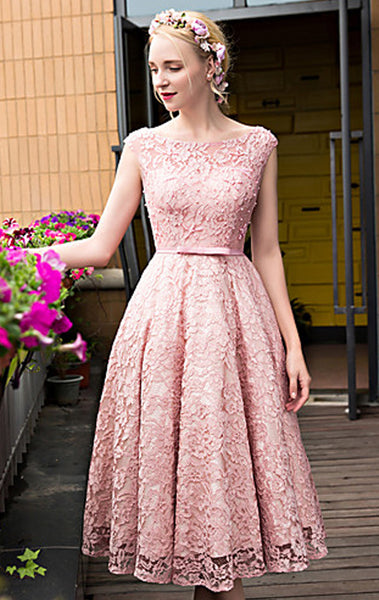 MACloth Cap Sleeves Lace Cocktail Dress Pink Midi Wedding Party Formal Gown
