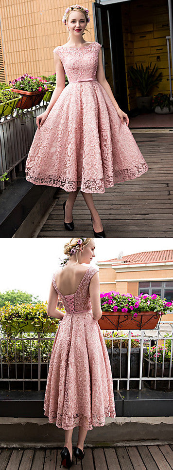 MACloth Cap Sleeves Lace Cocktail Dress Pink Midi Wedding Party Formal Gown Pink / Above Knee / US0
