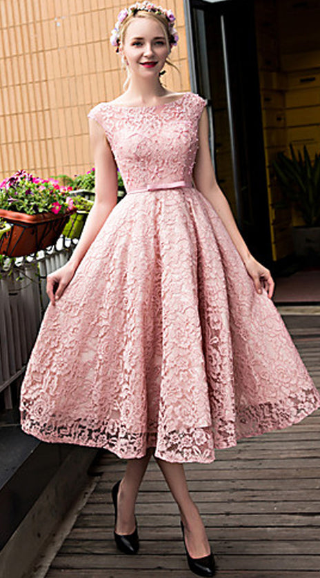 MACloth Cap Sleeves Lace Cocktail Dress Pink Midi Wedding Party Formal Gown