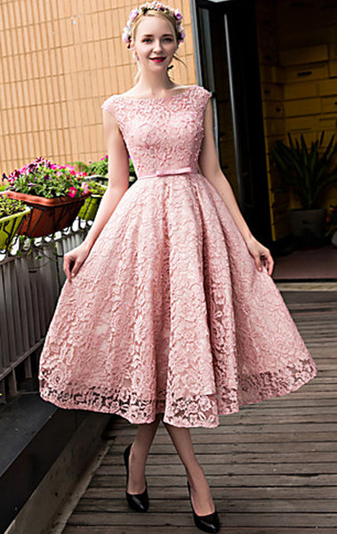 MACloth Cap Sleeves Lace Cocktail Dress Pink Midi Wedding Party Formal Gown
