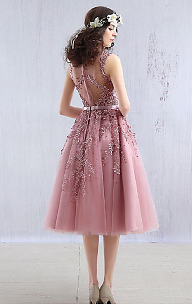 MACloth Midi Lace Tulle Cocktail Dress Dusty Pink Wedding Party Formal Gown