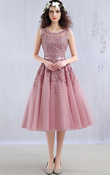 MACloth Midi Lace Tulle Cocktail Dress Dusty Pink Wedding Party Formal Gown