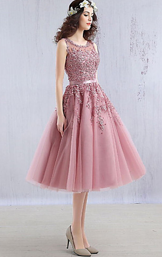 MACloth Midi Lace Tulle Cocktail Dress Dusty Pink Wedding Party Formal Gown