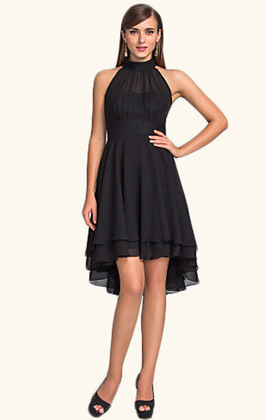 MACloth Halter High Low Chiffon Cocktail Dress Black Wedding Party Formal Gown