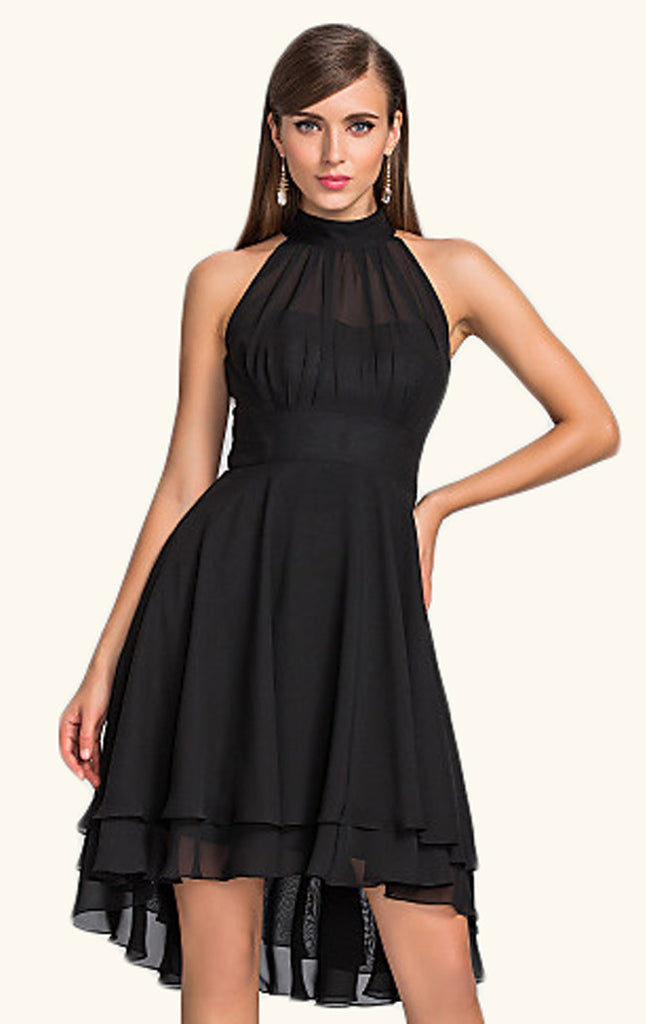 MACloth Halter High Low Chiffon Cocktail Dress Black Wedding Party Formal Gown